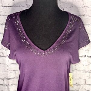 Purple Top V-neck Pretty Studded Rhinestone Bling Embellished Shirt Sexy Silver